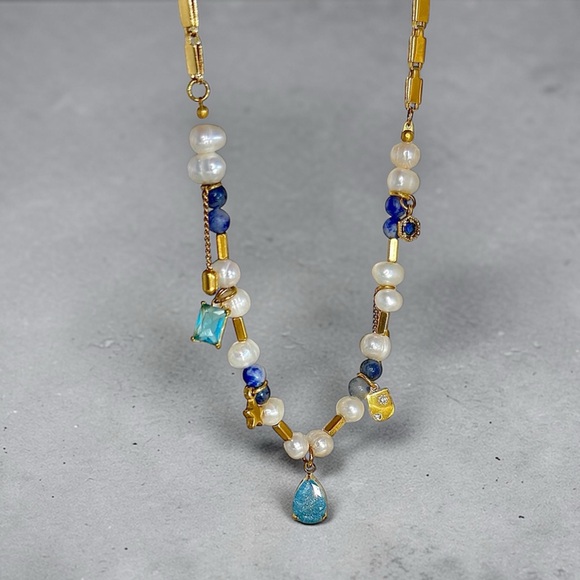 Coastal Charm Necklace – Pearls, Blue Gems & Gold - Picture 3 of 5